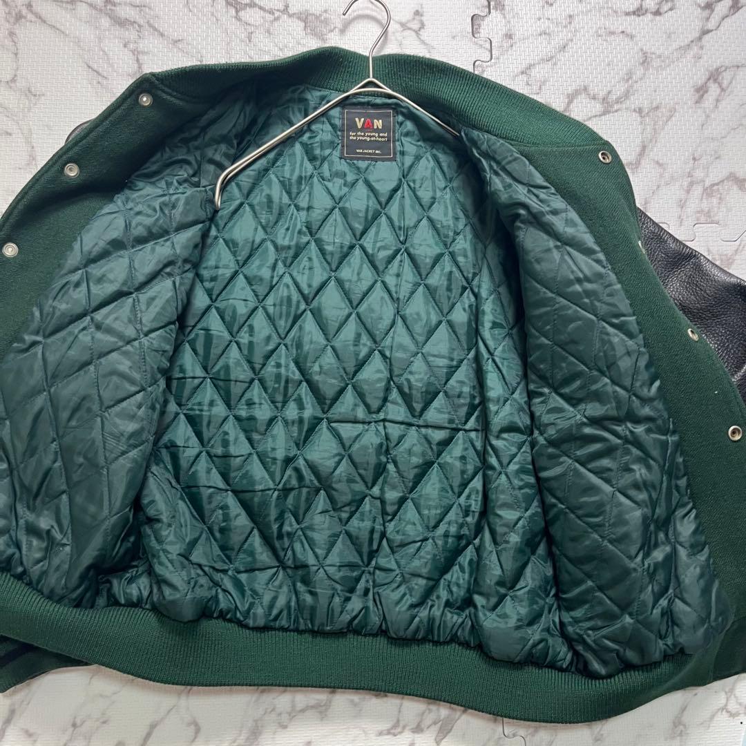 L/希少カラー✨ VAN JACKET スタジャン アーチロゴ 緑 牛革