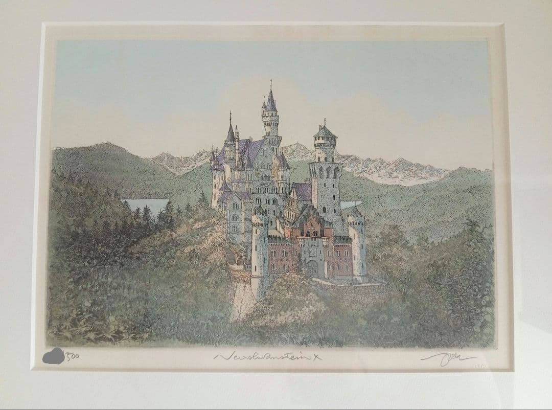 織田義郎 「ノイシュバンシュタイン城 10」 銅版画 手彩色 エッチング 絵画