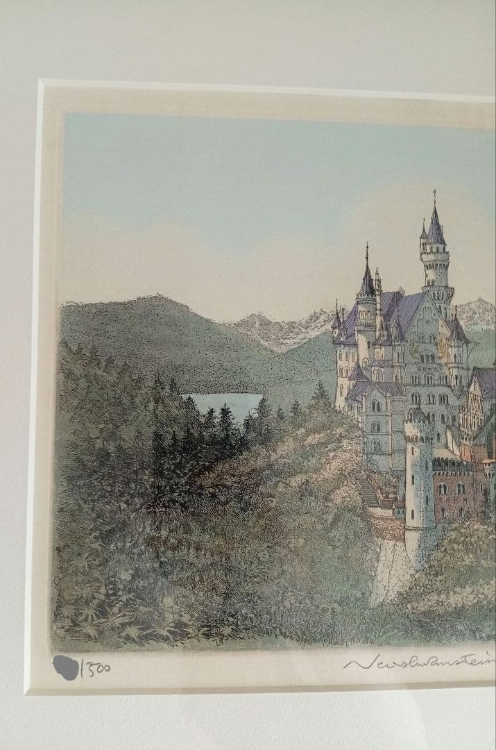 織田義郎 「ノイシュバンシュタイン城 10」 銅版画 手彩色 エッチング 絵画