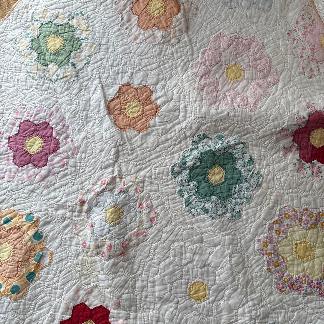 アンティークキルト　ヴィンテージ花柄キルトカバー 大判