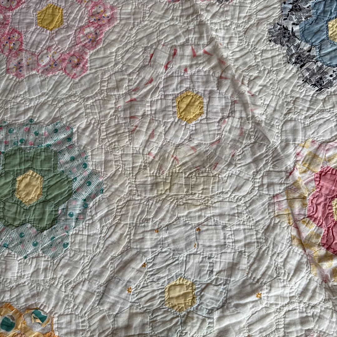 アンティークキルト　ヴィンテージ花柄キルトカバー 大判