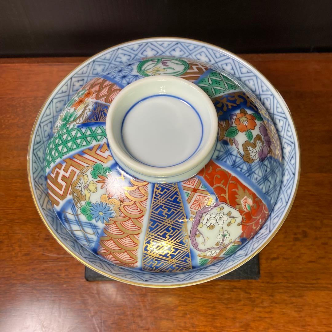 龍峯窯 祥瑞花丸紋蓋物揃 5客セット 金彩古伊万里蓋付き丼ぶり T0902-2