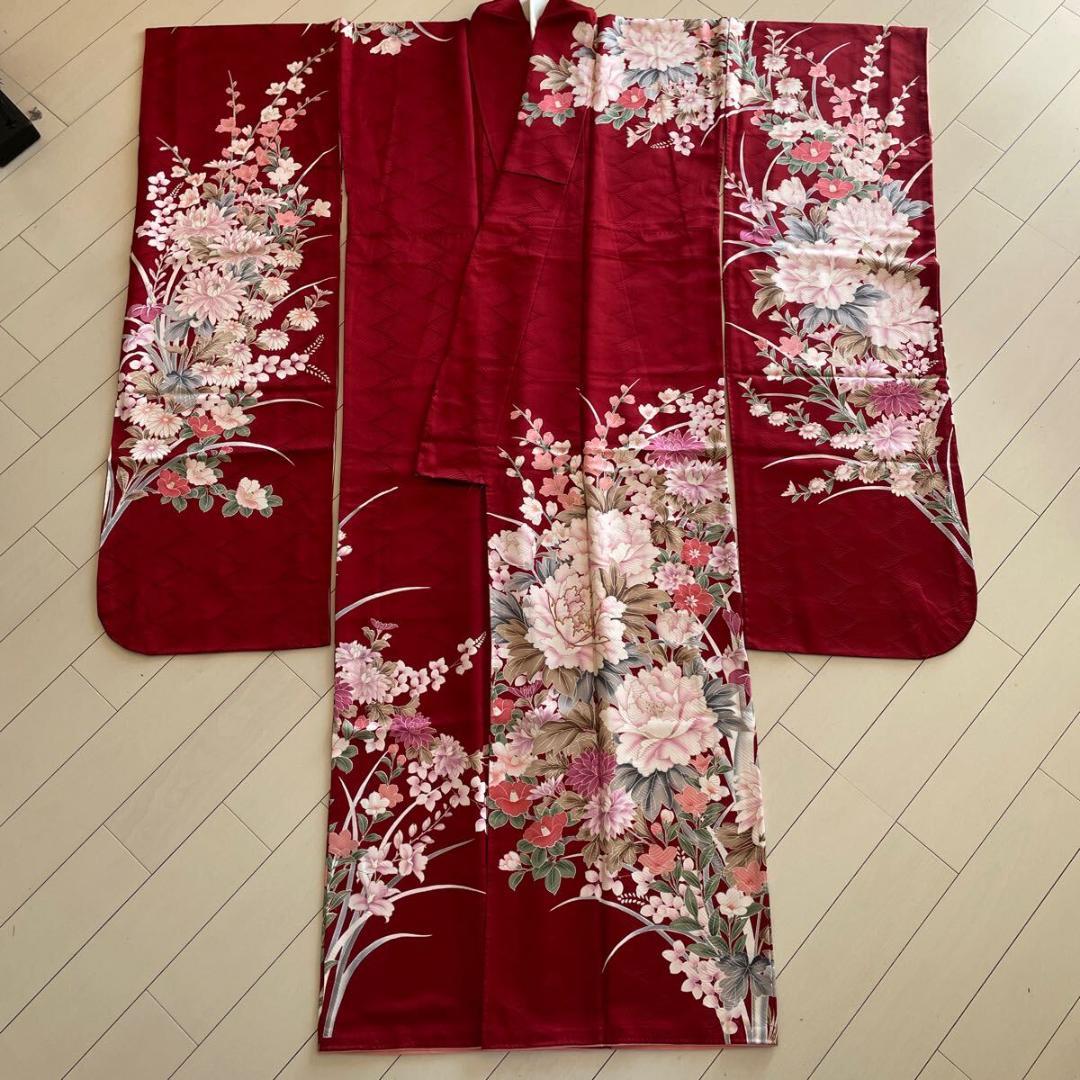 □E4124□美品□紅海老茶色 花尽くし 京友禅 袷 振袖 丈166 裄68