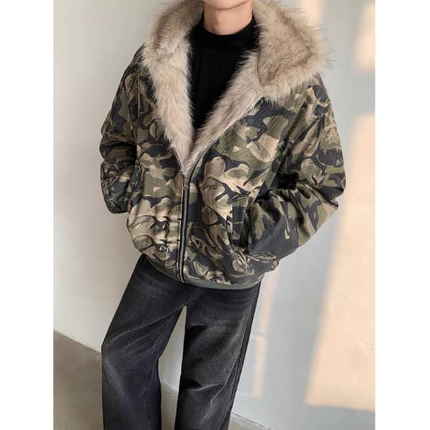迷彩柄 L フード付 ファージャケット 中綿アウター y2k 男女兼用3101