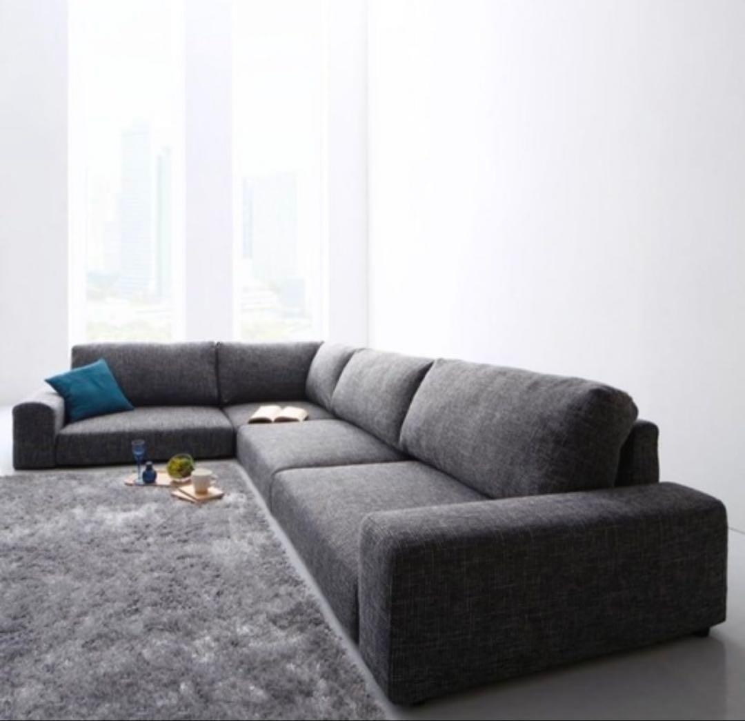 岡山発 『引き取り限定』グレー4人掛けローソファオットマンセット