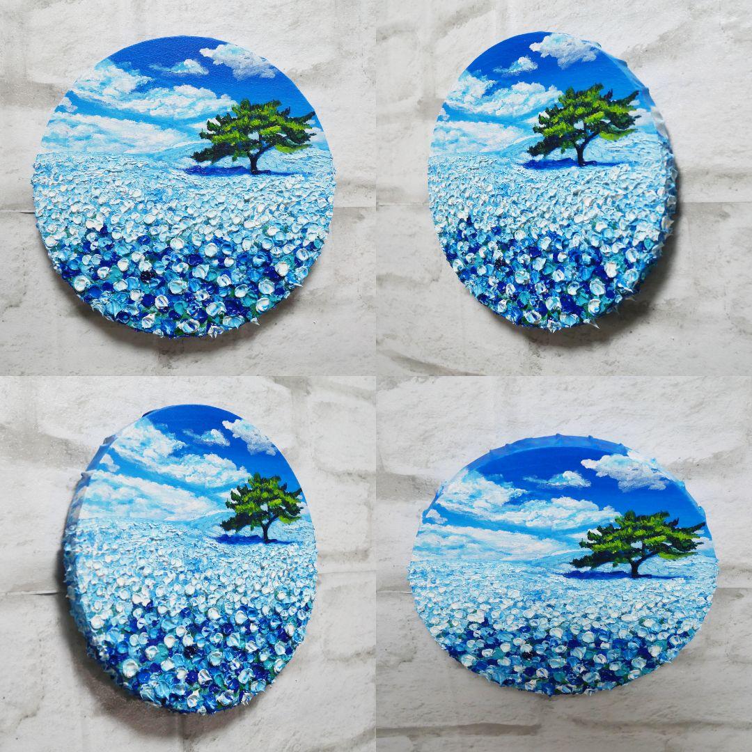 油絵 油彩 油彩画 絵 絵画 円形【ネモフィラの丘】