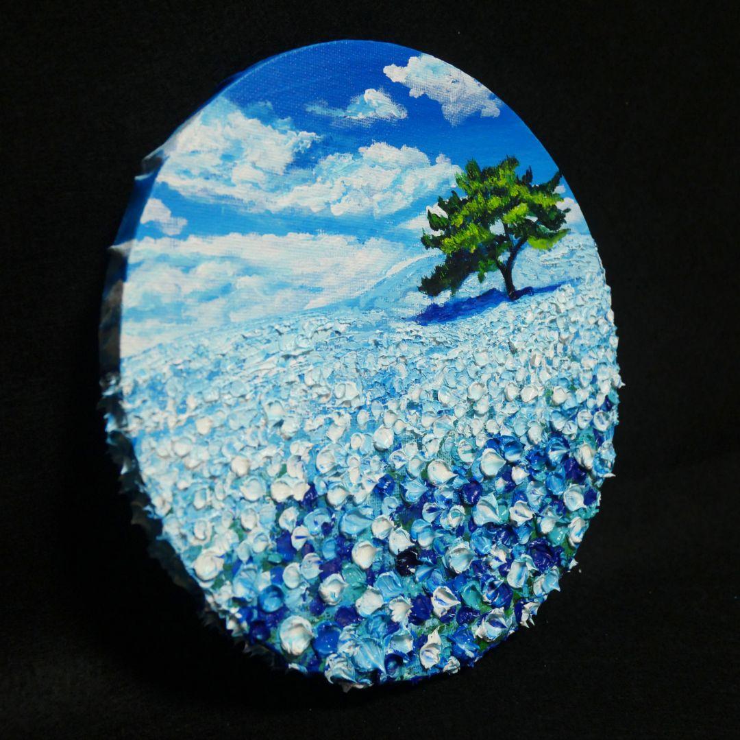 油絵 油彩 油彩画 絵 絵画 円形【ネモフィラの丘】