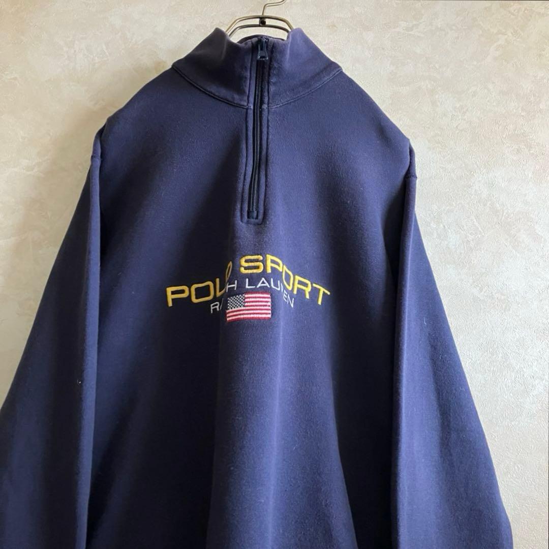 希少90's ポロスポーツ 星条旗刺繍ロゴ ハーフジップスウェット ネイビー L