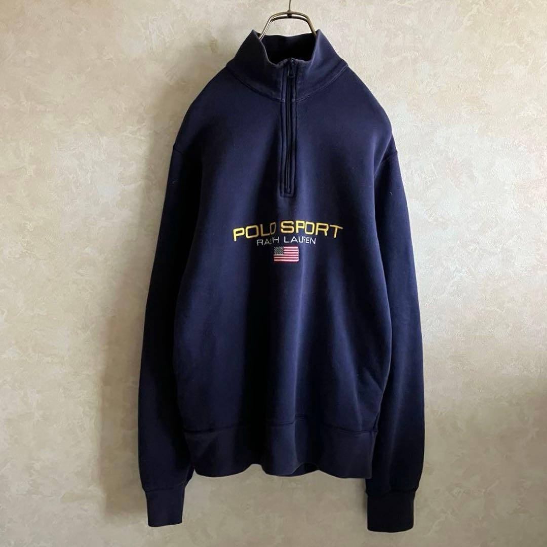 希少90's ポロスポーツ 星条旗刺繍ロゴ ハーフジップスウェット ネイビー L