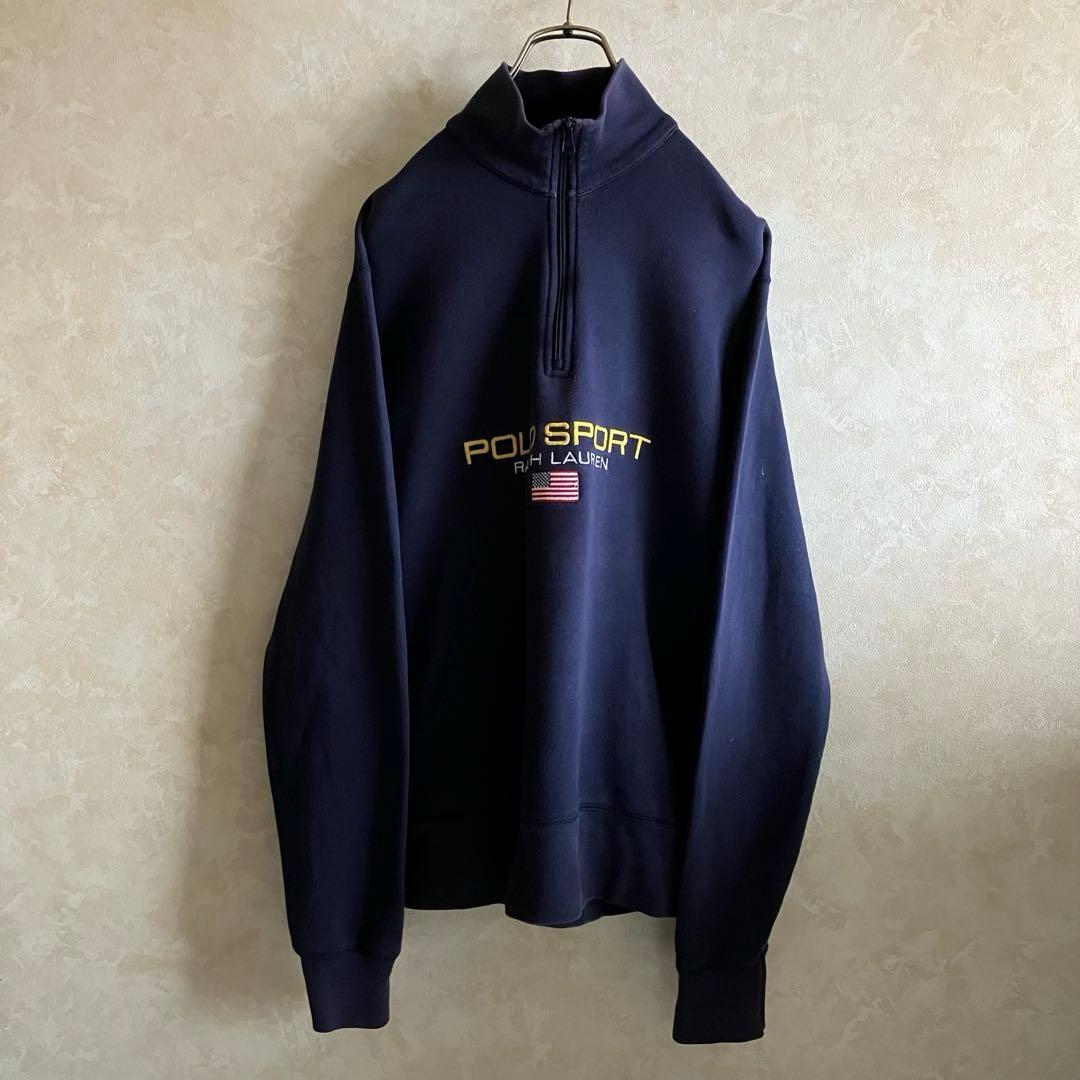 希少90's ポロスポーツ 星条旗刺繍ロゴ ハーフジップスウェット ネイビー L