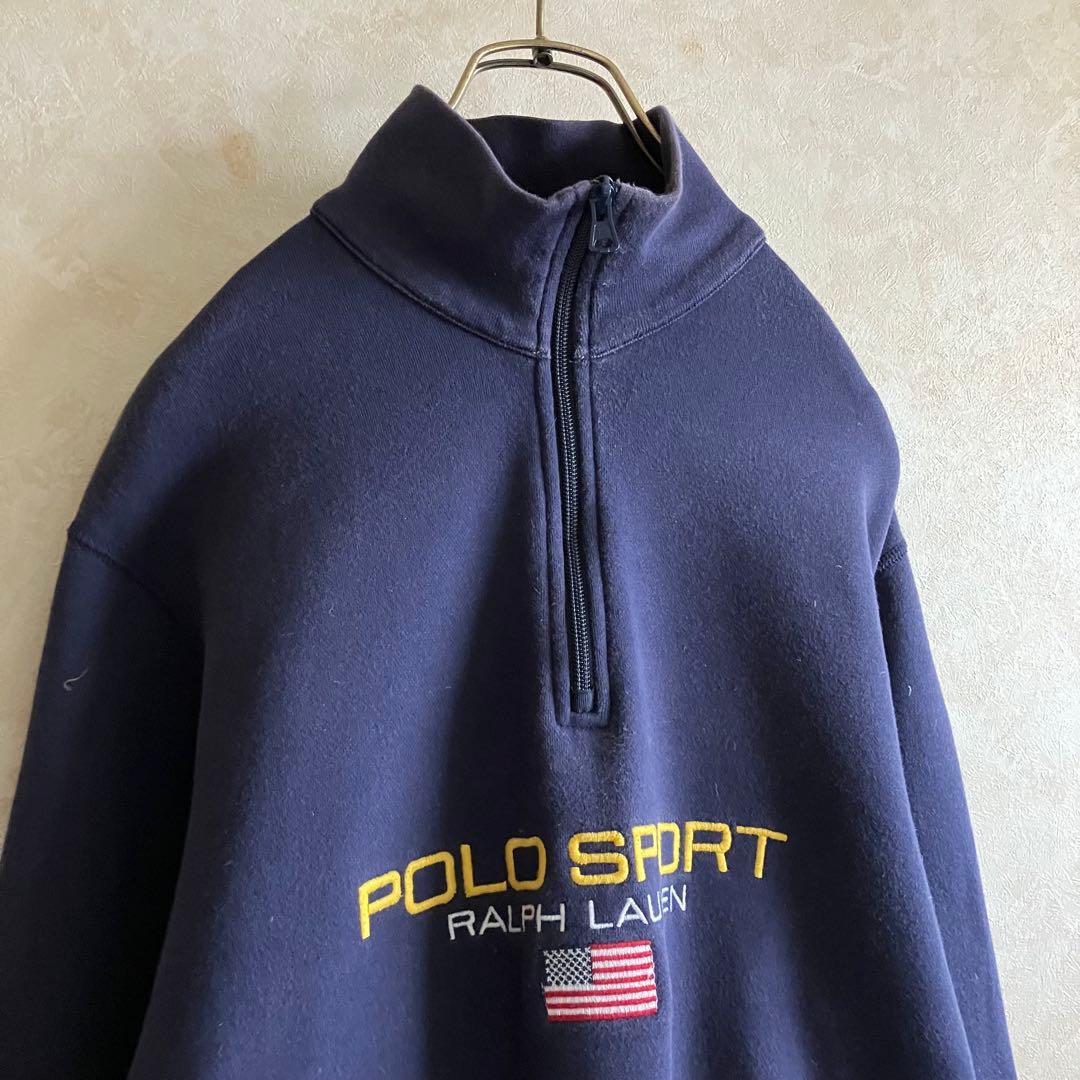 希少90's ポロスポーツ 星条旗刺繍ロゴ ハーフジップスウェット ネイビー L