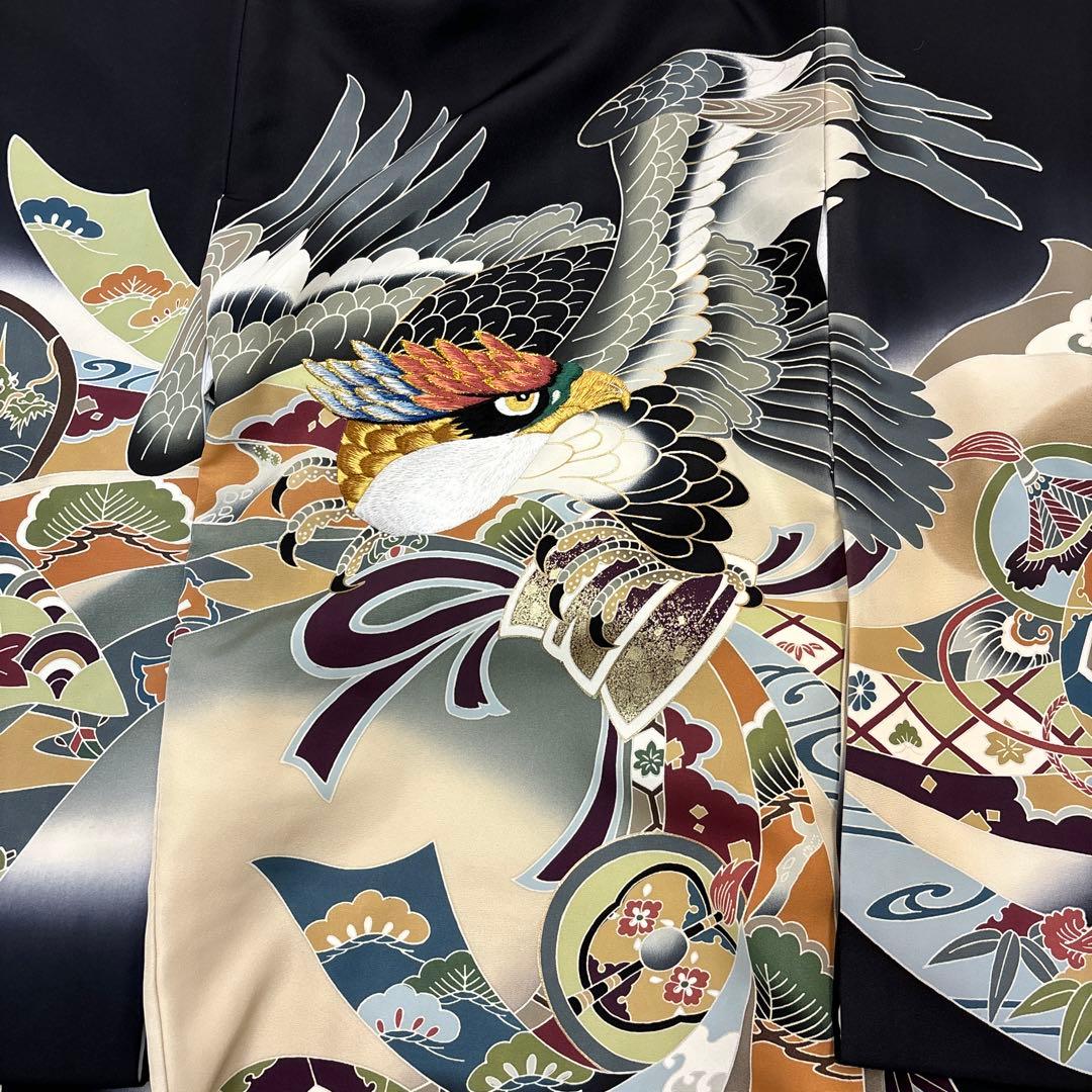バジル新品男子正絹産着祝着京友禅大鷹多色手描き染、特選豪華刺繍熨斗源氏車文