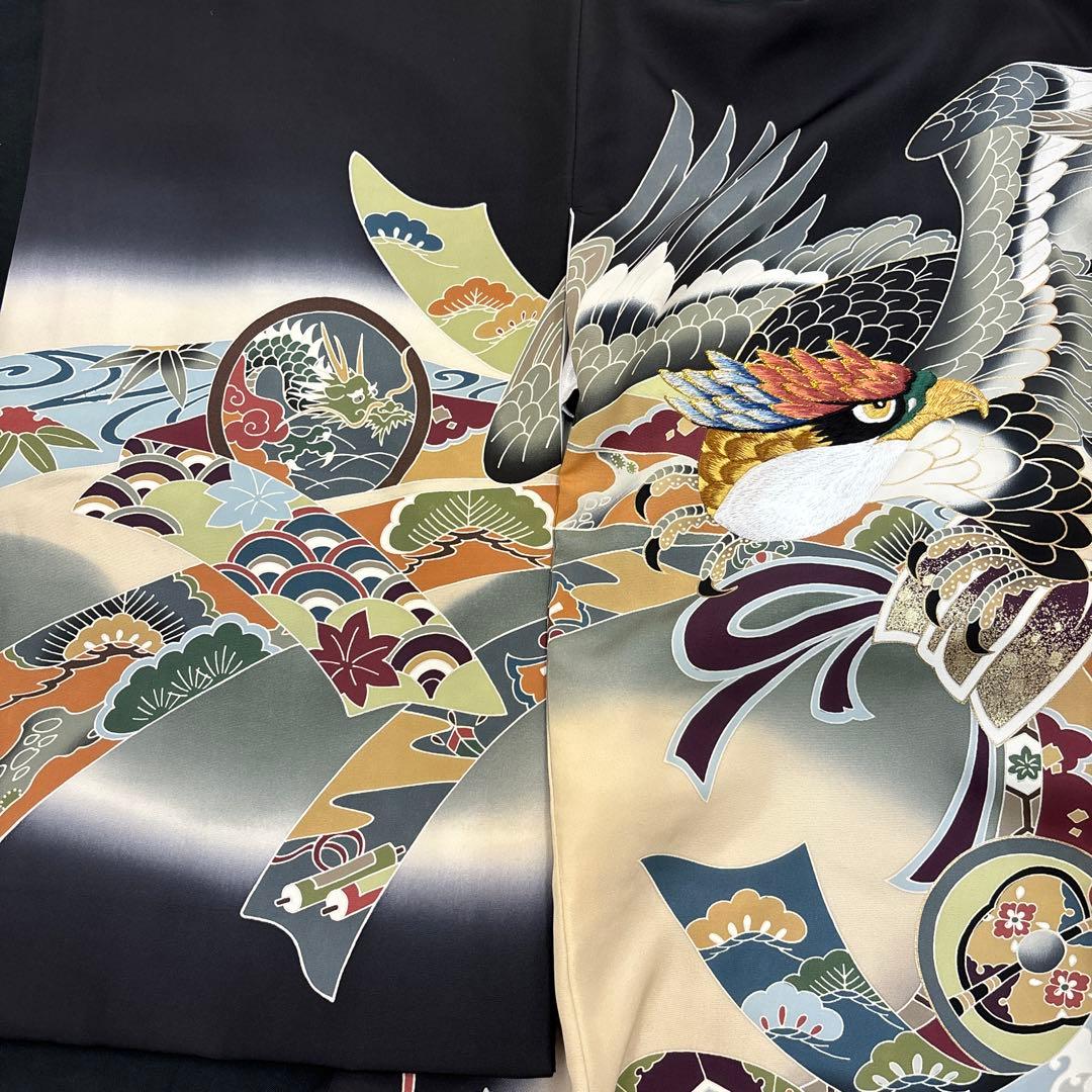 バジル新品男子正絹産着祝着京友禅大鷹多色手描き染、特選豪華刺繍熨斗源氏車文