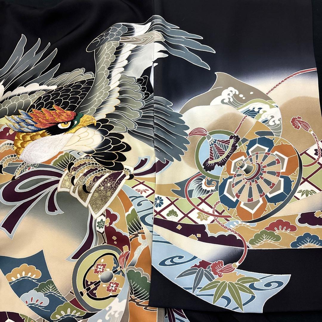 バジル新品男子正絹産着祝着京友禅大鷹多色手描き染、特選豪華刺繍熨斗源氏車文