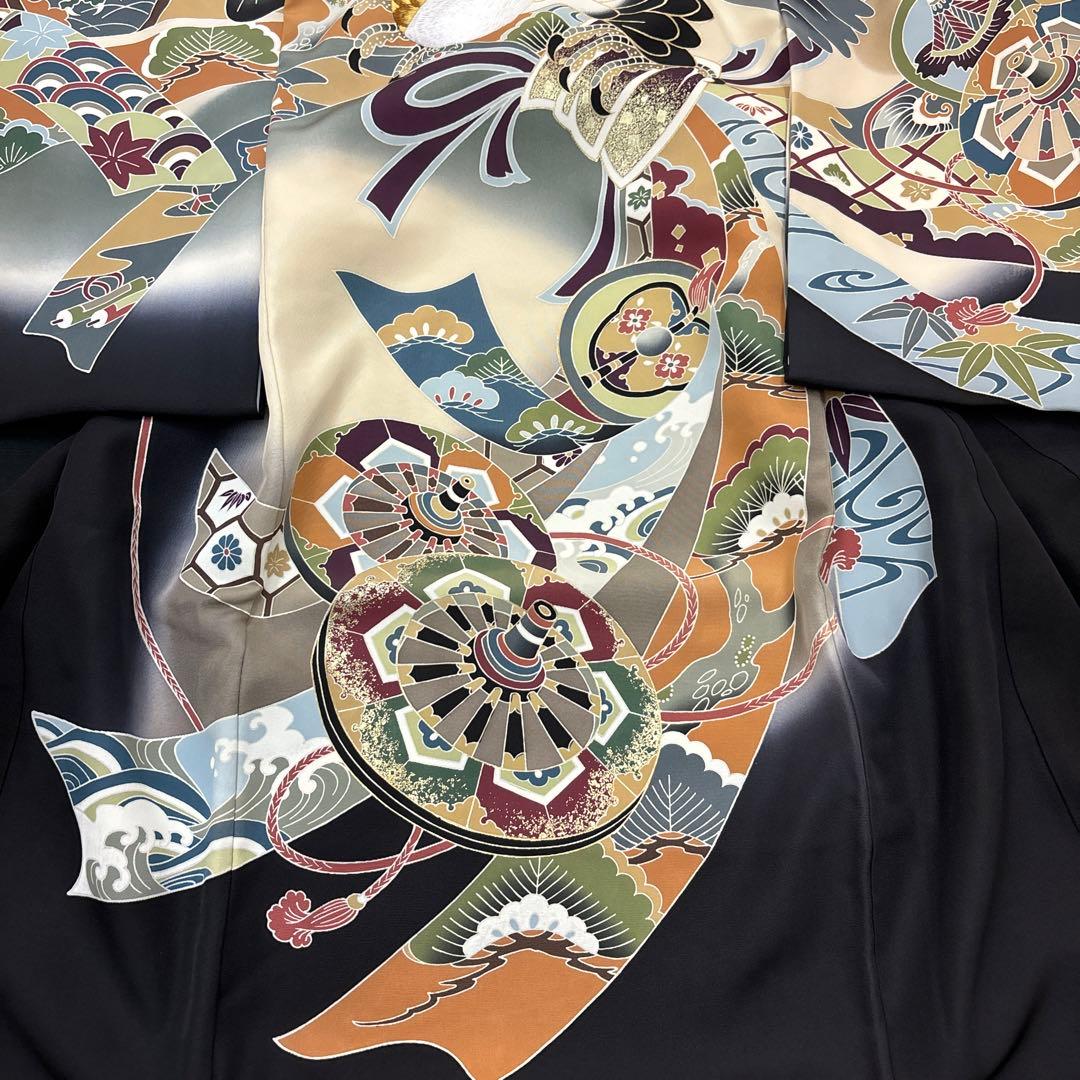 バジル新品男子正絹産着祝着京友禅大鷹多色手描き染、特選豪華刺繍熨斗源氏車文