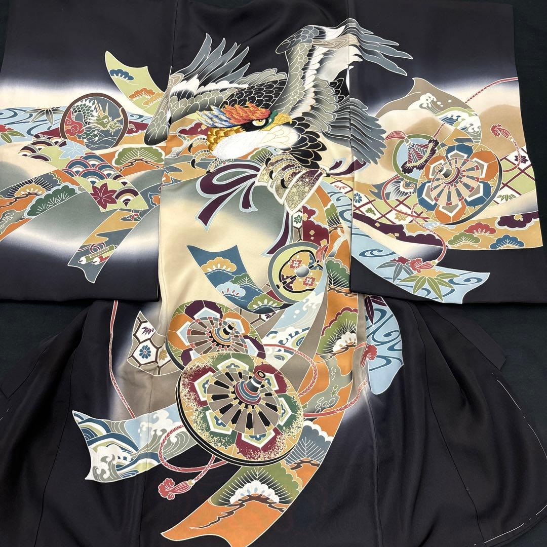 バジル新品男子正絹産着祝着京友禅大鷹多色手描き染、特選豪華刺繍熨斗源氏車文
