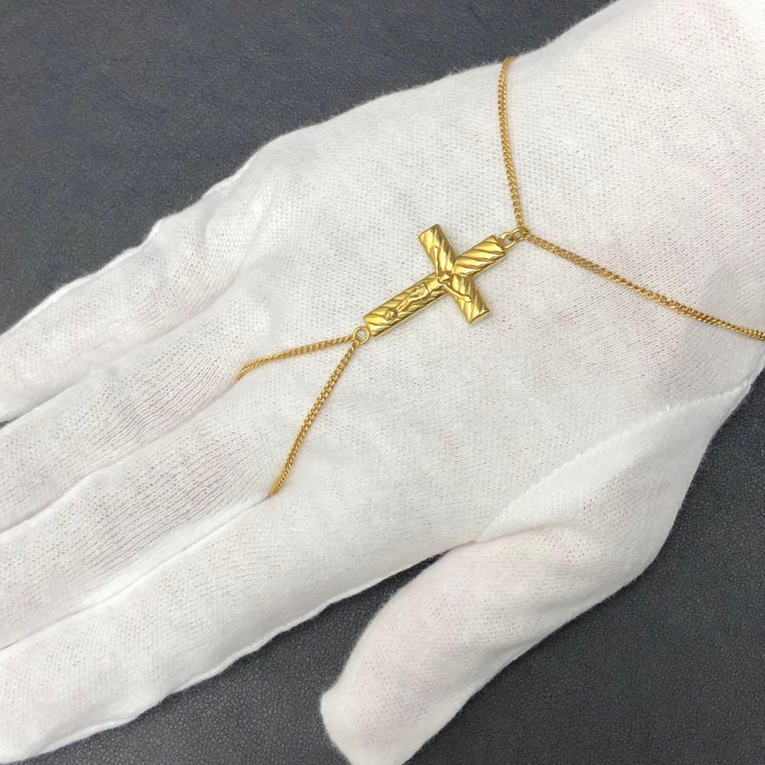 (B012118)K18 フィンガーブレスレット YG クロス 18金 チェーン