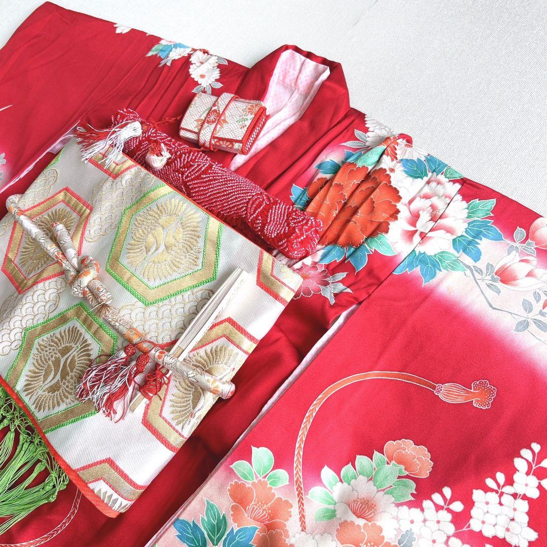 セット七五三7歳女の子長着＆長襦袢＆袋帯＆草履＆バッグ＆小物エンジ