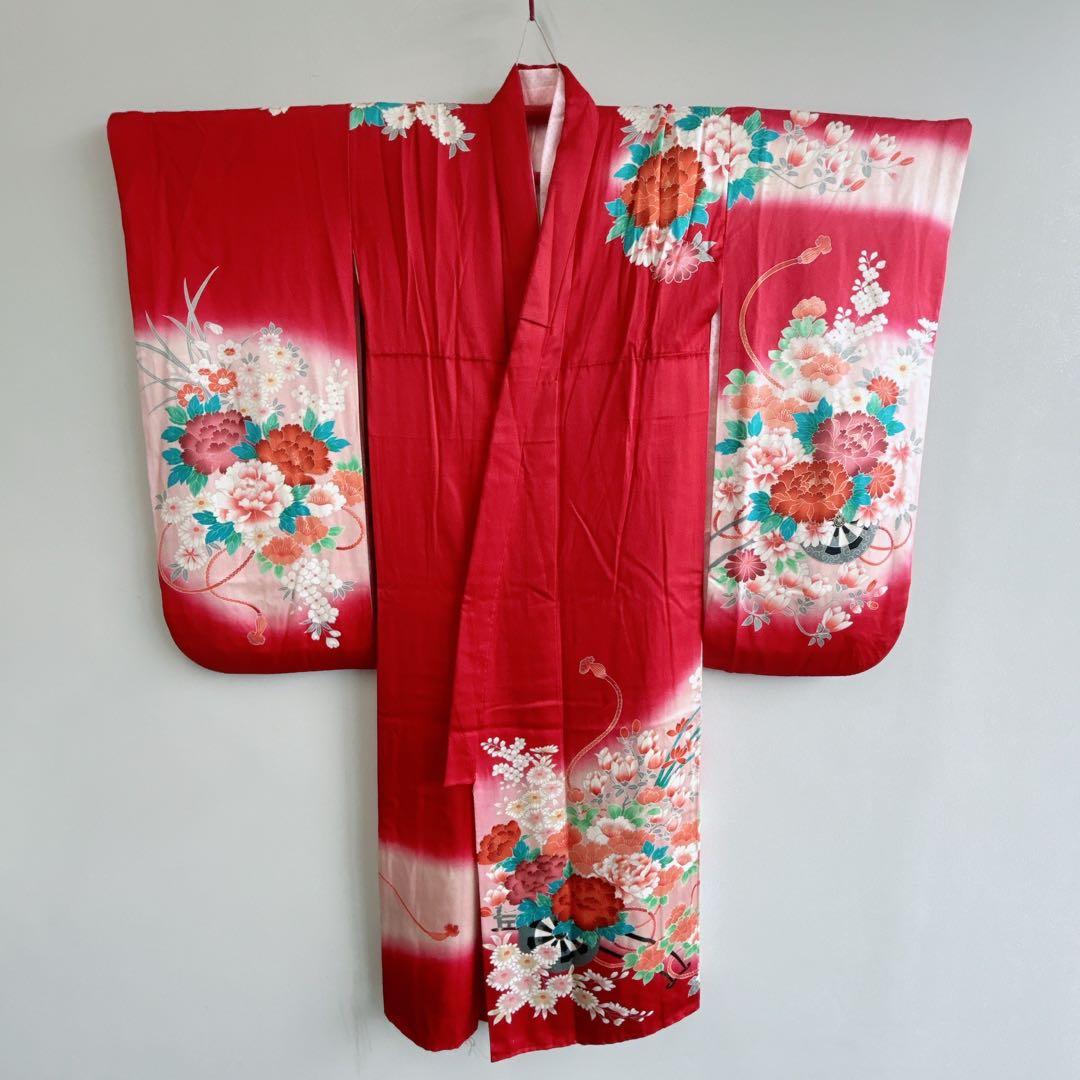 セット七五三7歳女の子長着＆長襦袢＆袋帯＆草履＆バッグ＆小物エンジ