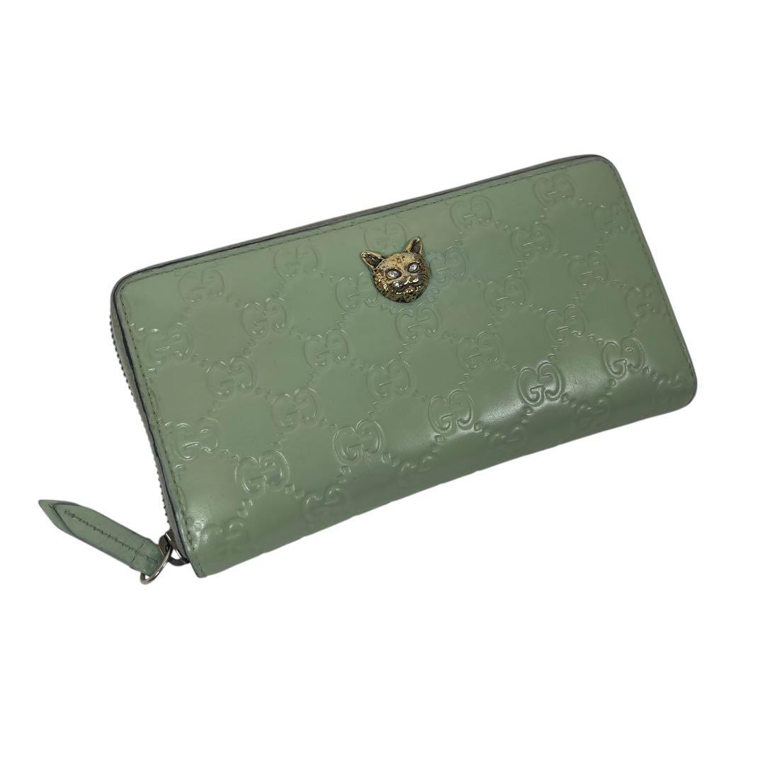 グッチ　長財布　アニマリエ　猫　GGシマレザー　ラウンドファスナー　極美品