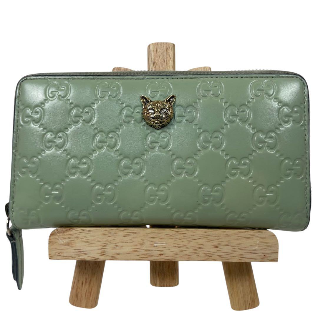 グッチ　長財布　アニマリエ　猫　GGシマレザー　ラウンドファスナー　極美品