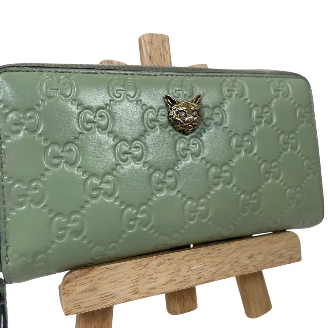 グッチ　長財布　アニマリエ　猫　GGシマレザー　ラウンドファスナー　極美品