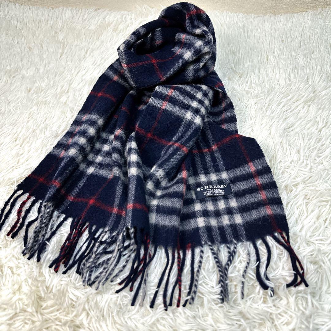 BURBERRY マフラー　カシミヤ100% ノバチェック 紺色系 希少色