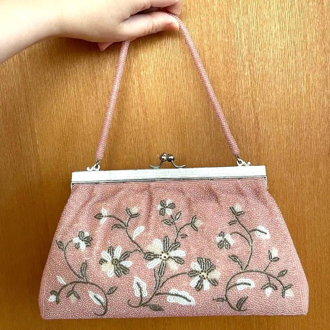 ピンク ビーズ 花柄刺繍 クラッチバッグ 和装バッグ お着物バッグ