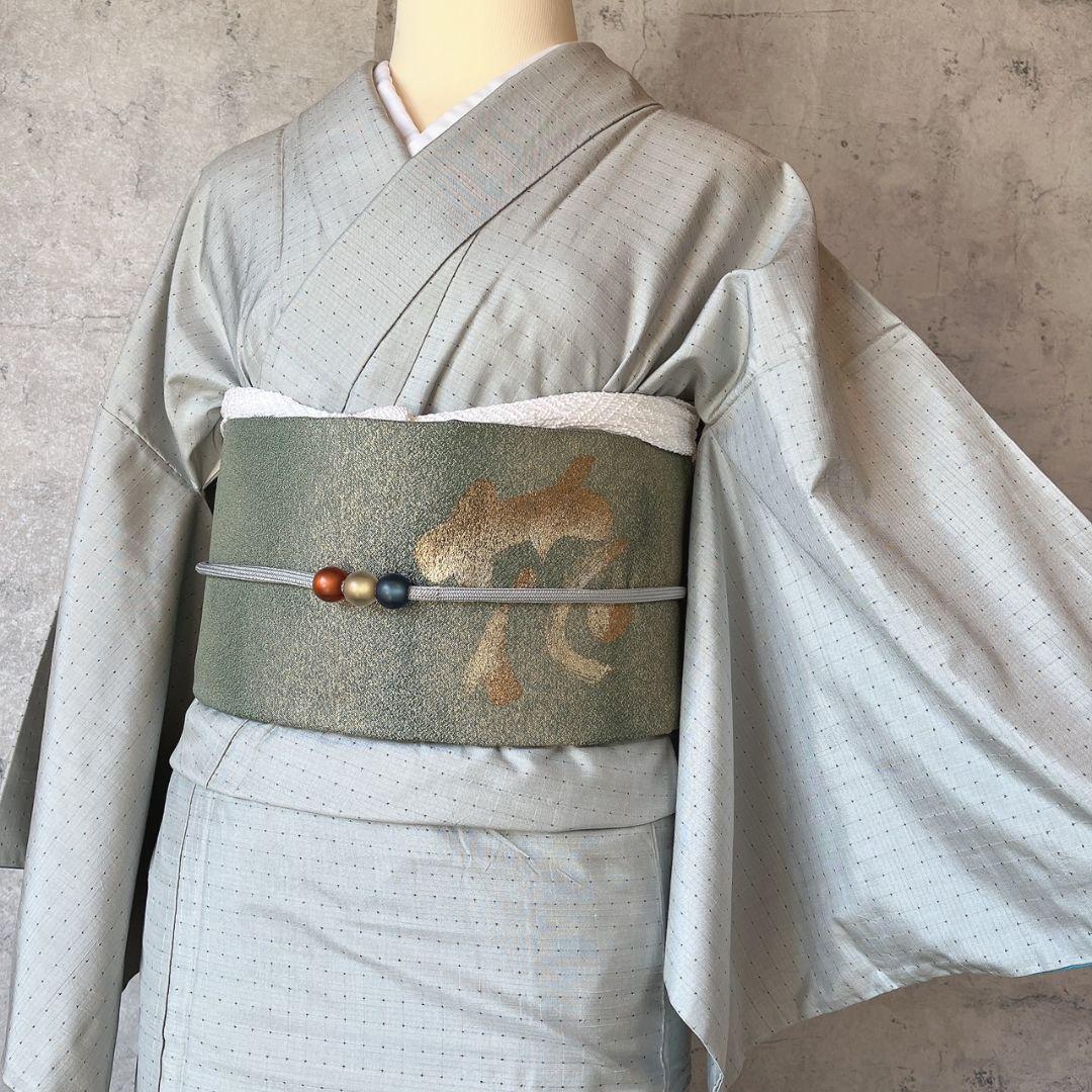 紬 小紋 着物 フルセット 帯漢字 薄いブルーグレー F7