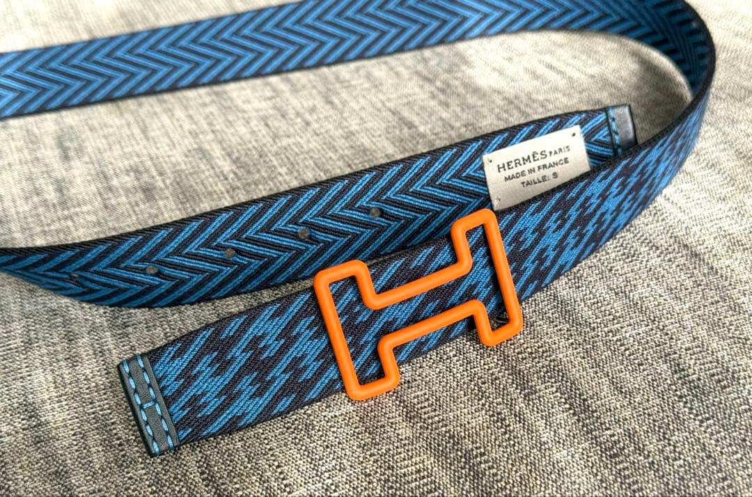 【美品】HERMES メンズ ベルト S ブルー ネイビー オレンジ 110cm