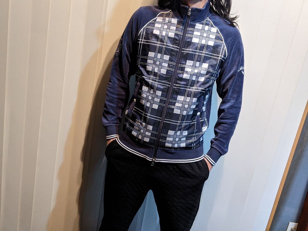 キャロウェイ　ベロア　異素材　切替　ジップ　ジャケット　チェック　ゴルフ　ウェア