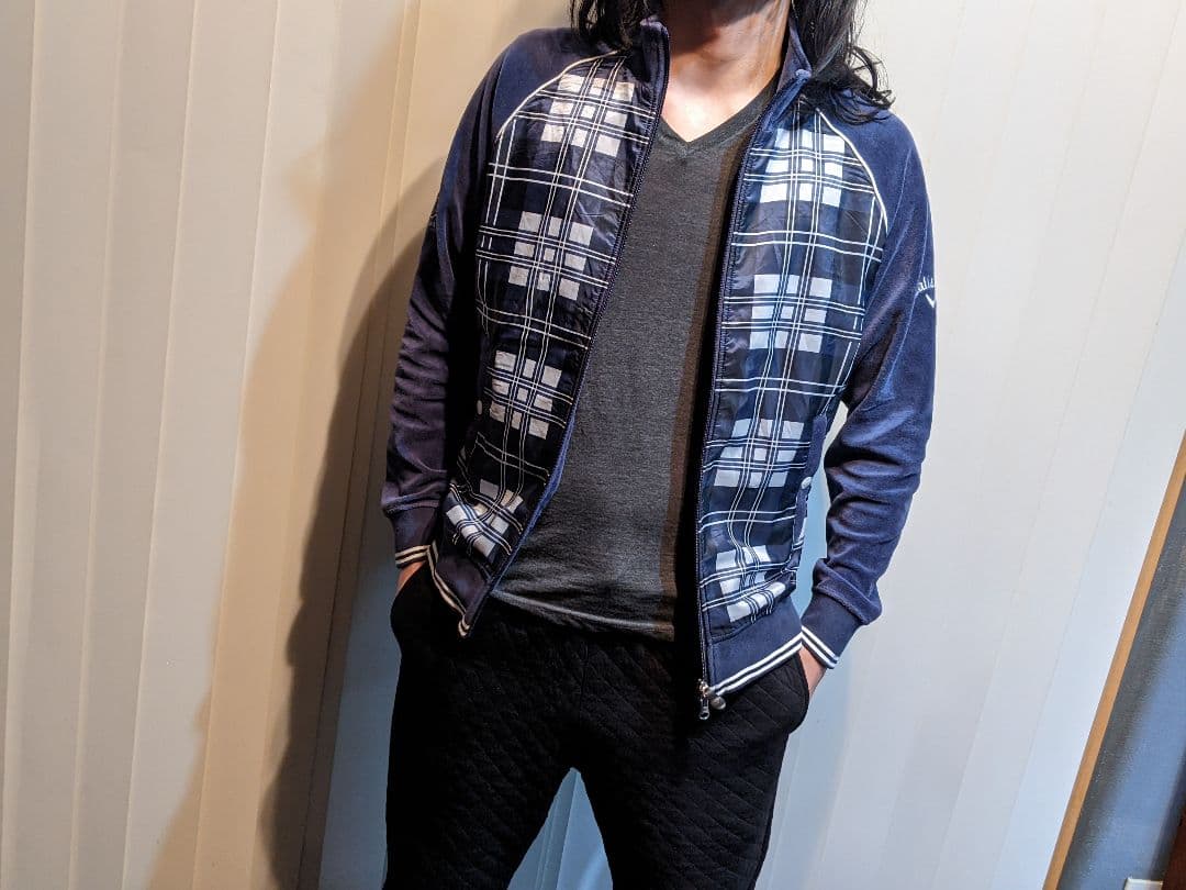 キャロウェイ　ベロア　異素材　切替　ジップ　ジャケット　チェック　ゴルフ　ウェア