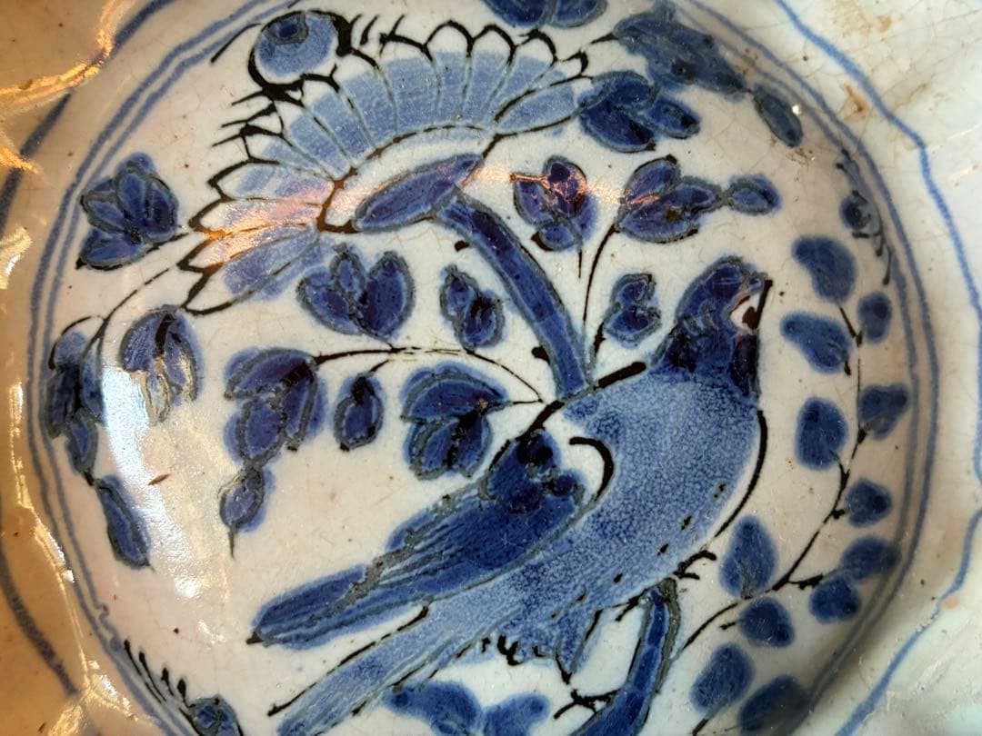 染付け花鳥文輪花大鉢　デルフト陶器　17世紀　オランダ　江戸時代初期