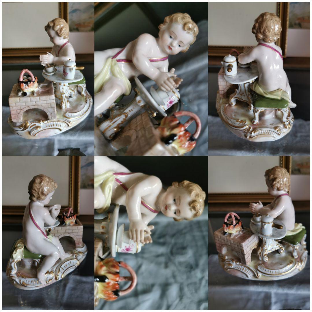 アンティークマイセン人形 チョコレートを作る子供天使 陶磁器少年