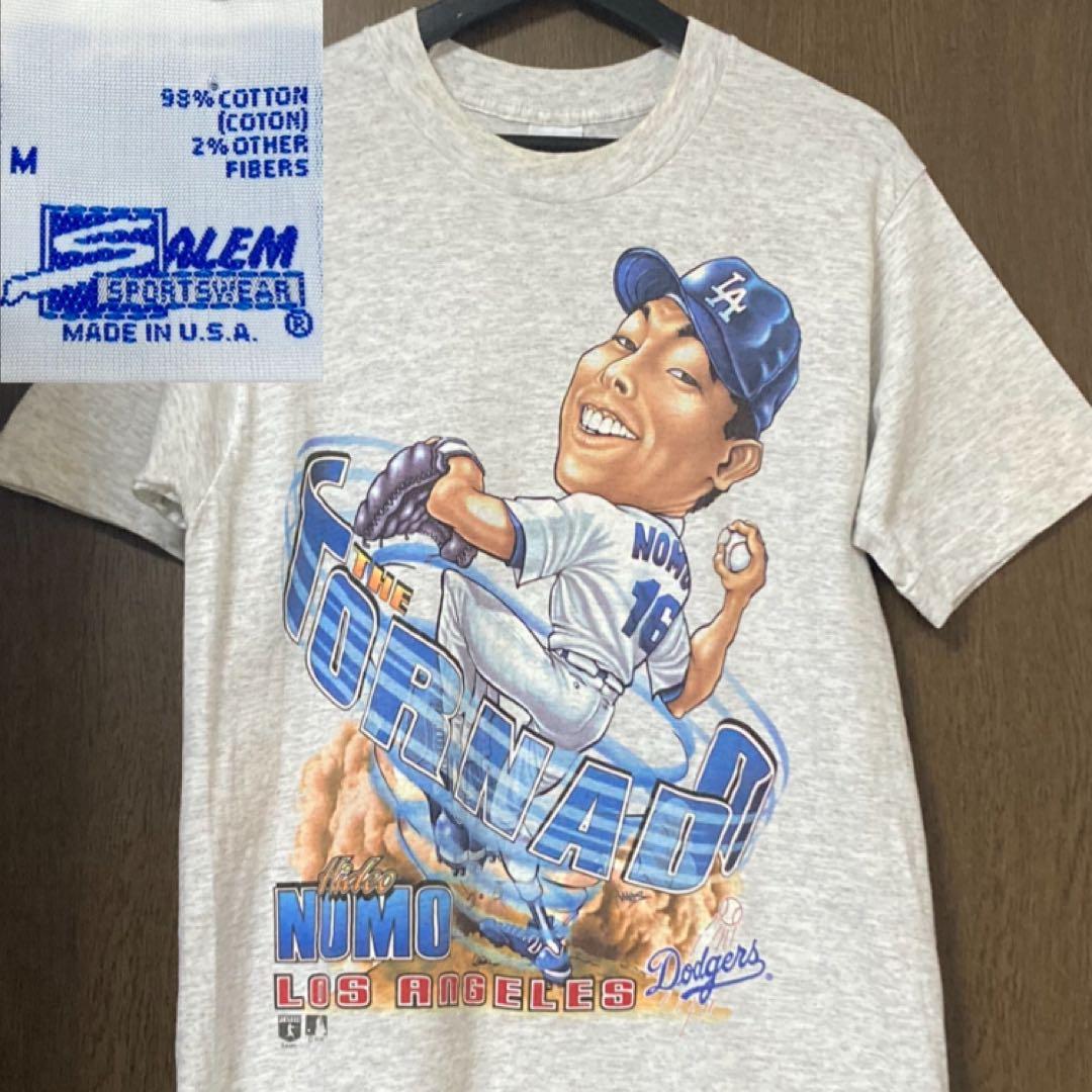 90s USA製 ロサンゼルス ドジャース 野茂英雄 イラストTシャツ M