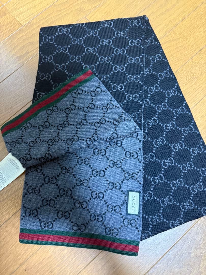 の*み様 GUCCI GGロゴマフラー ネイビー/グレー 120x180cm