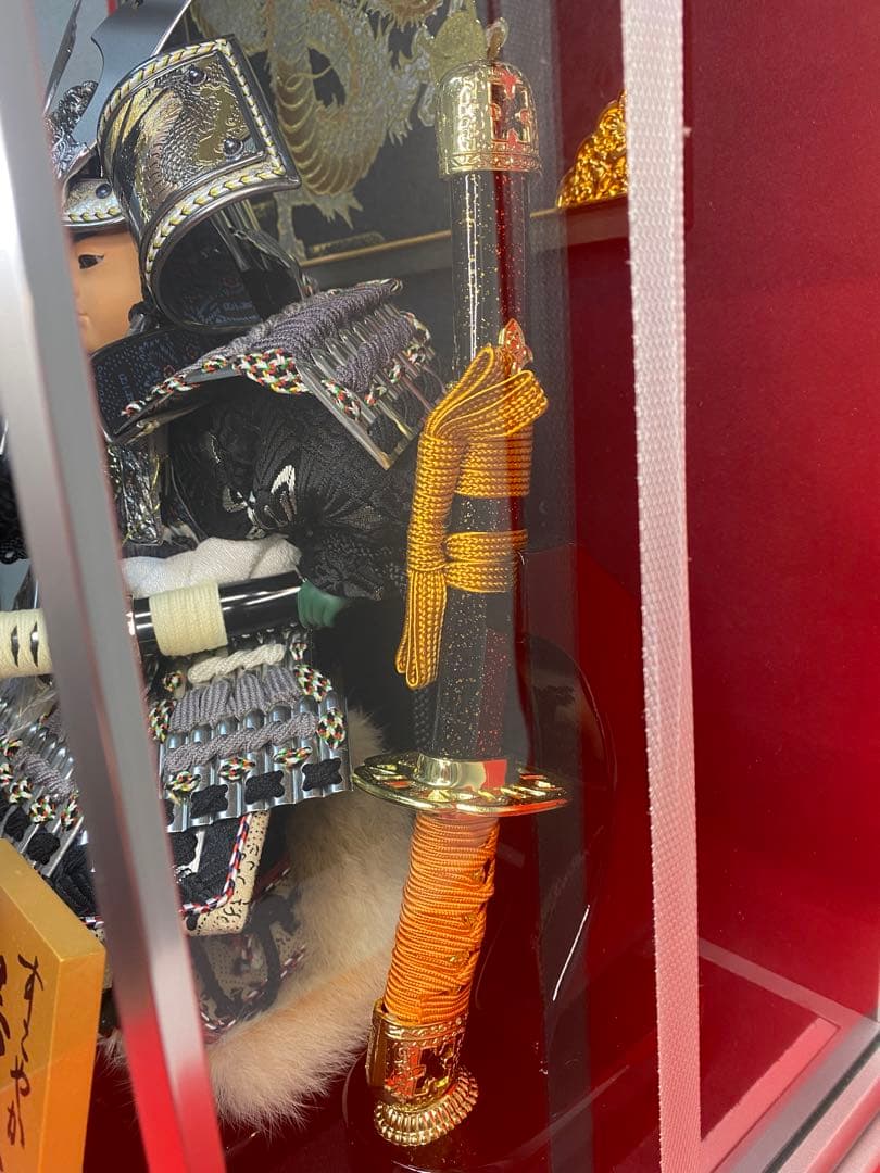 若大将東京久月五月人形家紋付き兜鎧飾りオルゴール付き六角形ガラス