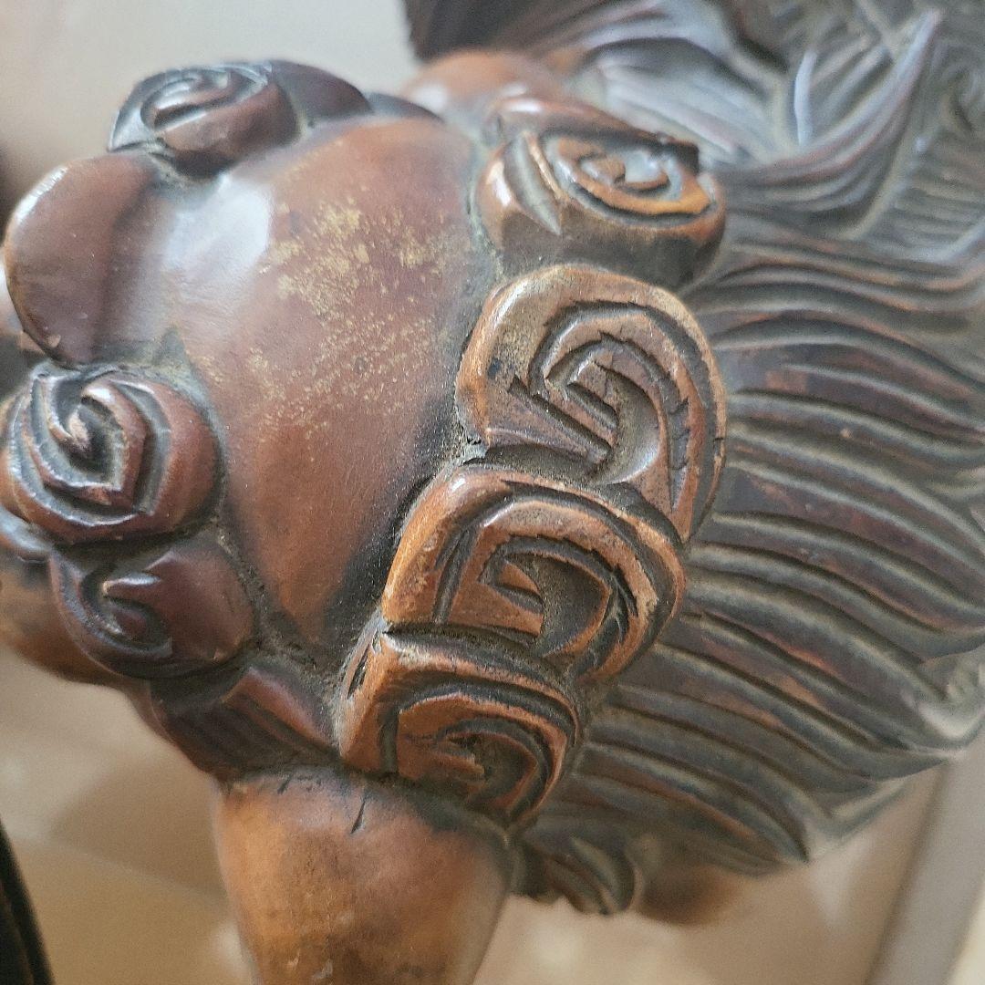 木製獅子彫刻 竹模様 シーサー 2体