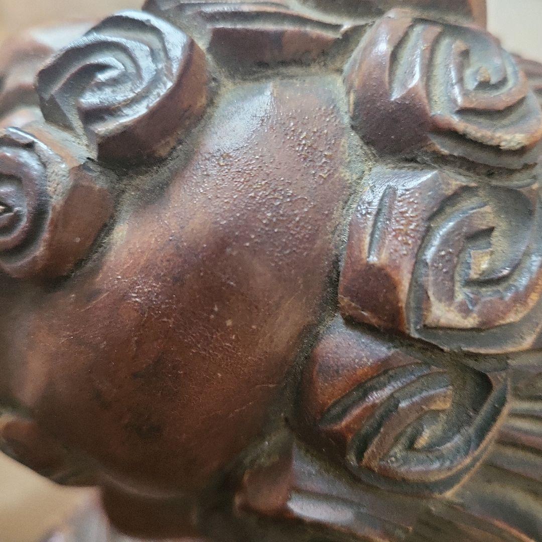 木製獅子彫刻 竹模様 シーサー 2体