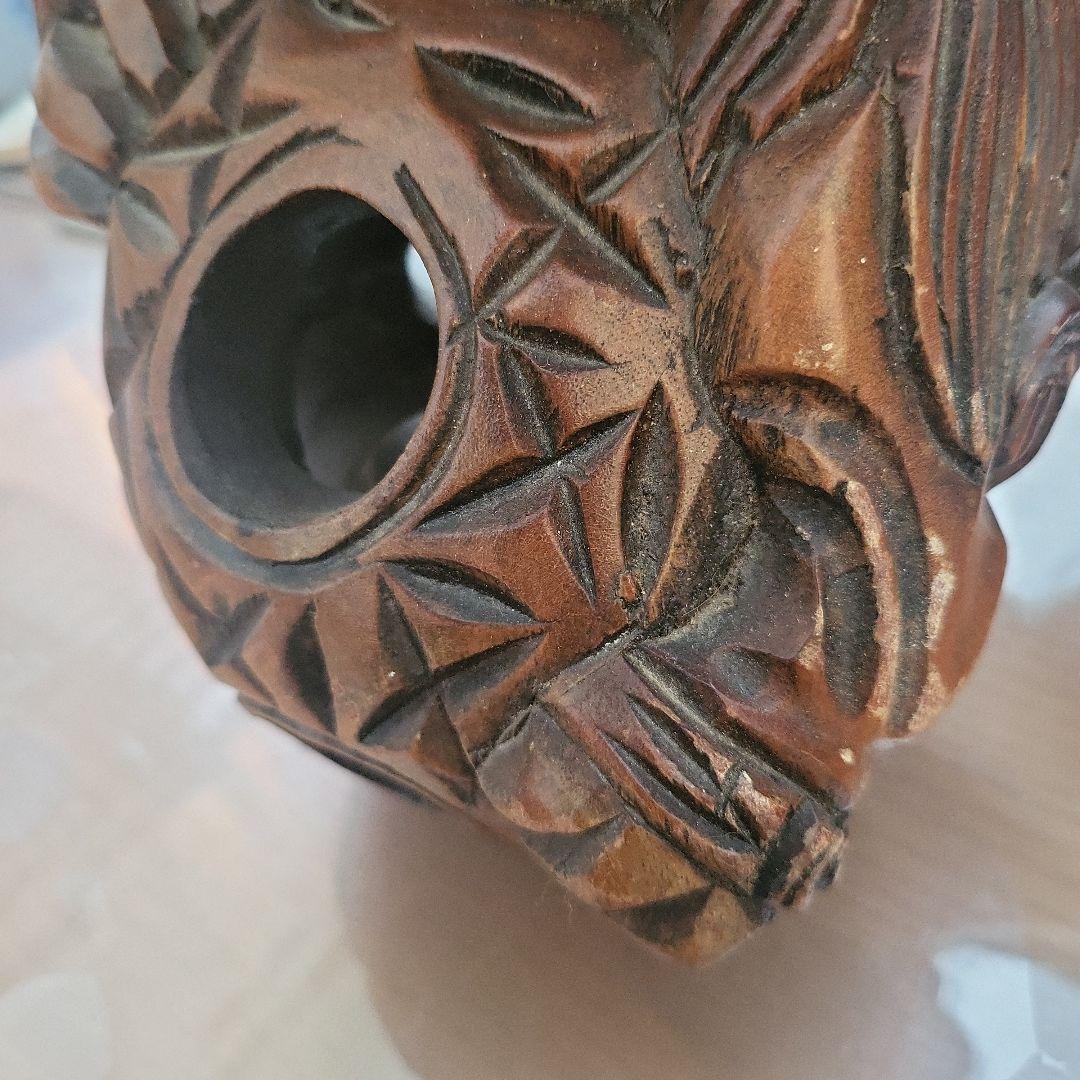 木製獅子彫刻 竹模様 シーサー 2体