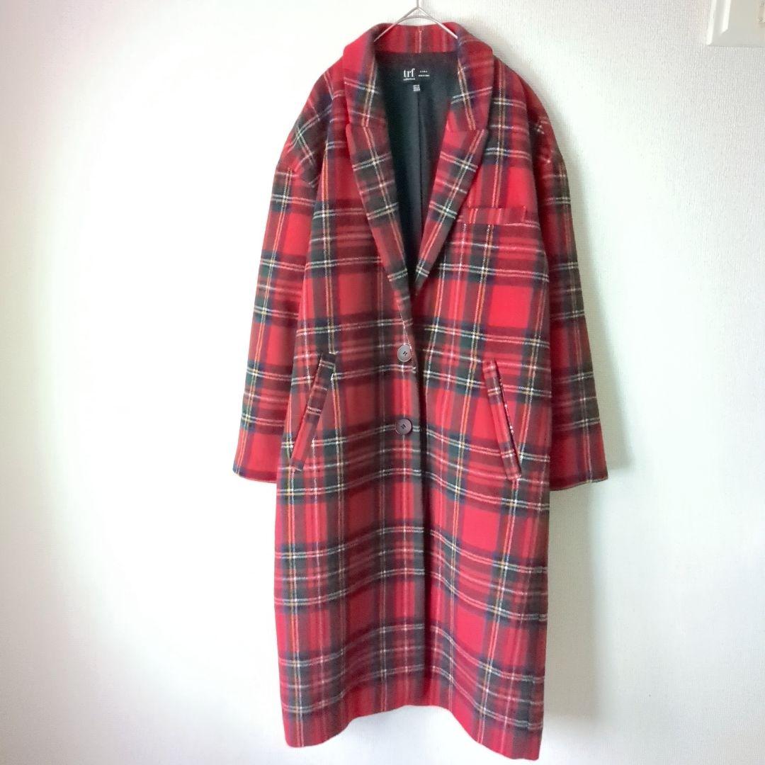 美品 ZARA trf タータンチェック ロングコート チェスターコート 赤