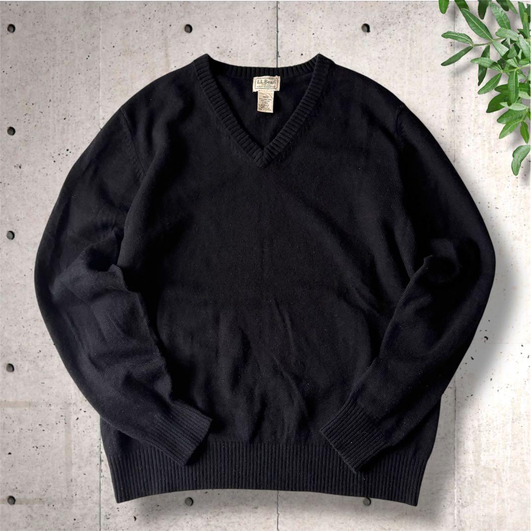 ラムウール混✨L.L.Bean Vネックセーター L 黒 質感良好 着回し抜群