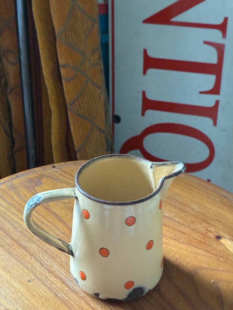 フランス　アンティーク　ホーロー　ピッチャー　ジャグ　ポルカ　ドット　水玉　レア