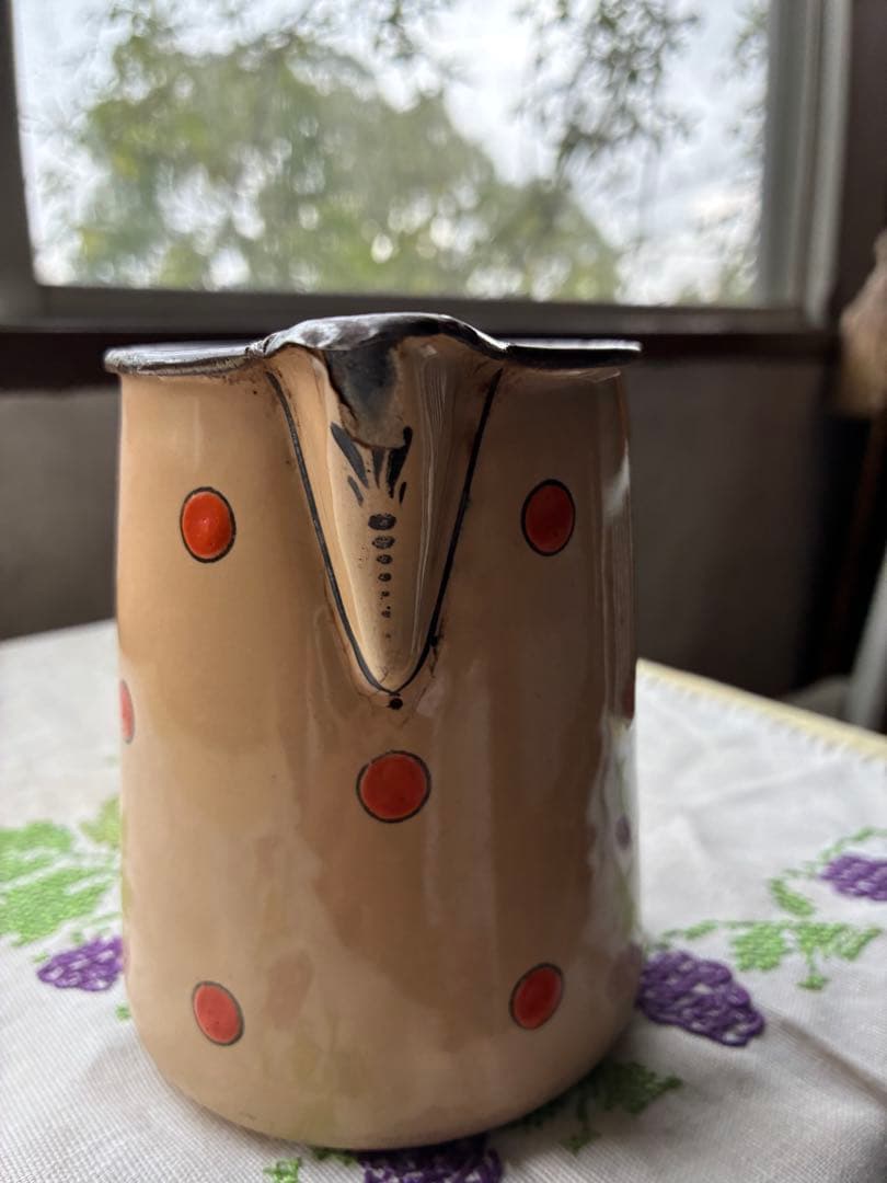 フランス　アンティーク　ホーロー　ピッチャー　ジャグ　ポルカ　ドット　水玉　レア