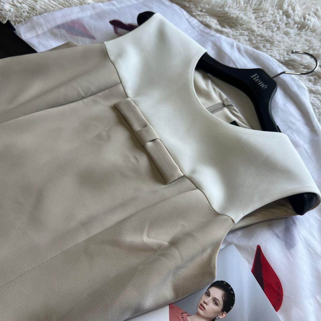 【美品】Rene 膝丈ワンピース ホワイト ベージュ バイカラー 36 リボン