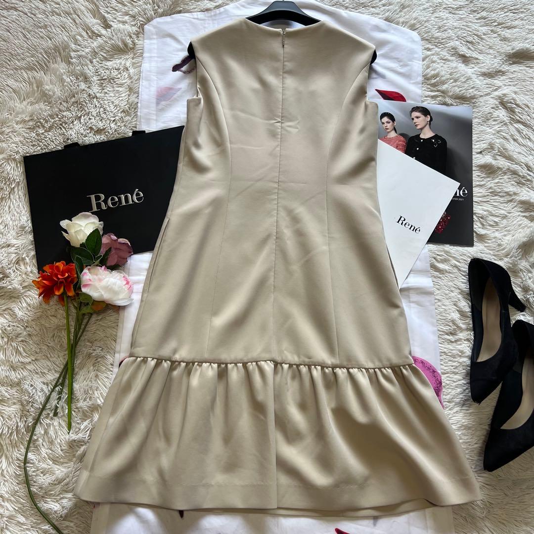 【美品】Rene 膝丈ワンピース ホワイト ベージュ バイカラー 36 リボン