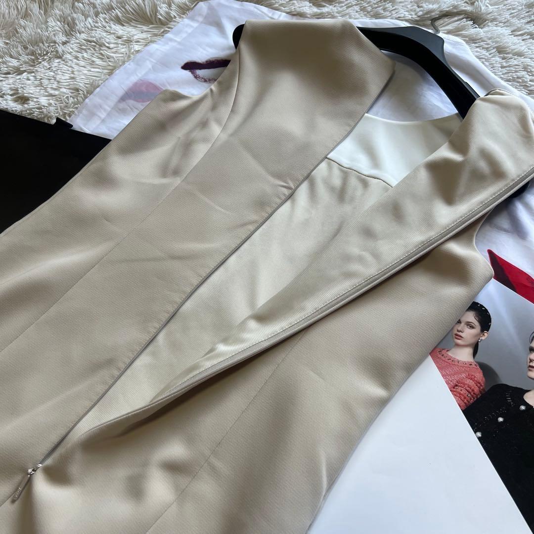 【美品】Rene 膝丈ワンピース ホワイト ベージュ バイカラー 36 リボン