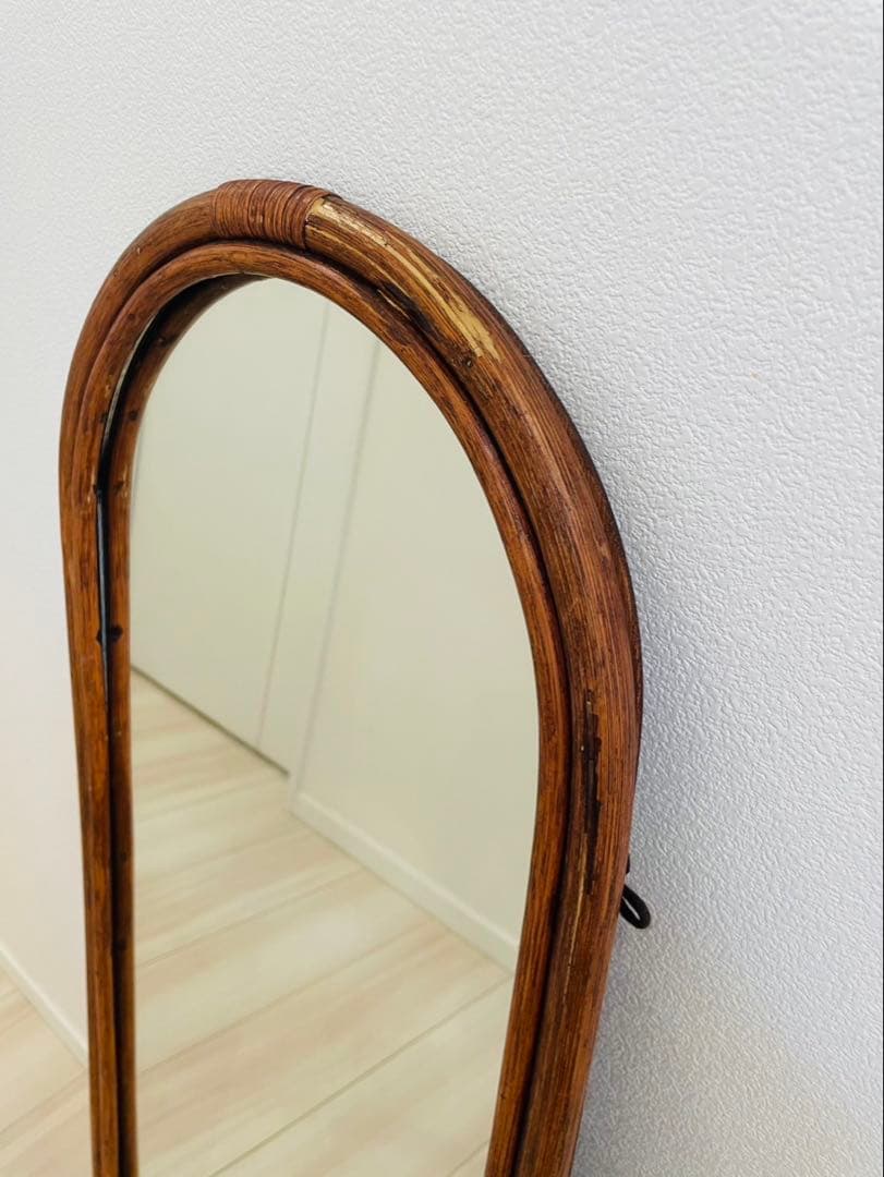 アーチ型 ラタンフレーム ミラー 姿見 コンパクト