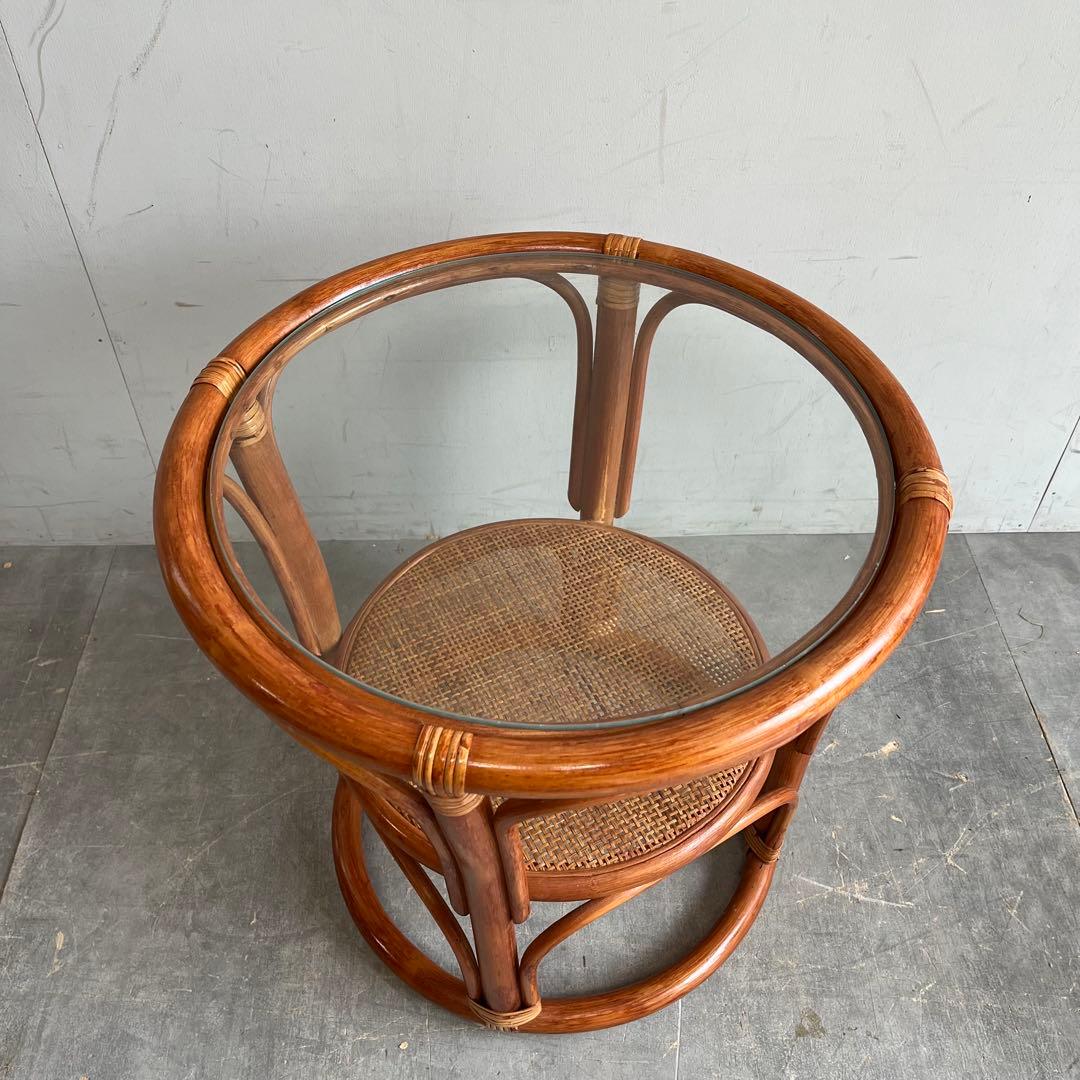 ヴィンテージ ガラス ラタン 籐 テーブル レトロ 丸 ラウンド z372