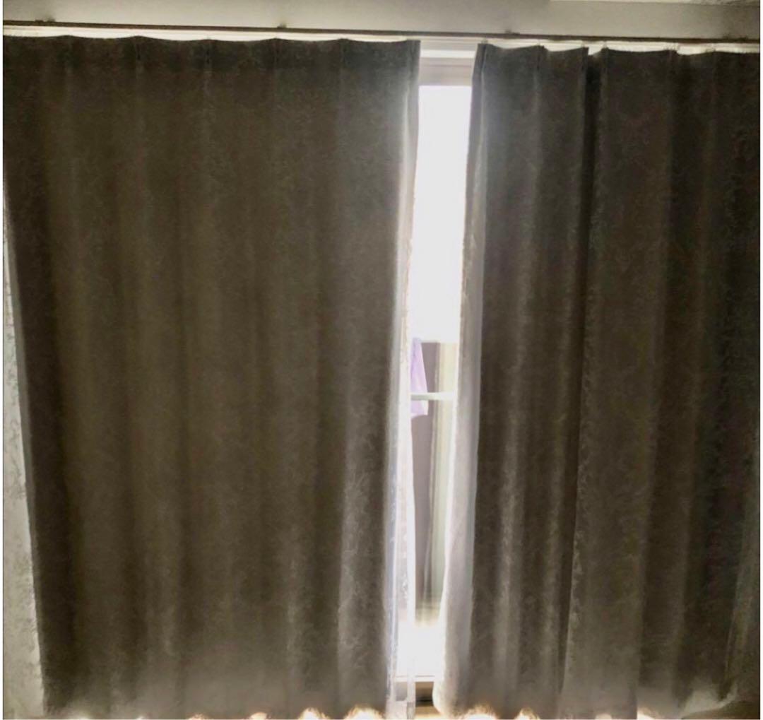 ホワイト・ダークグレー レース付きカーテン